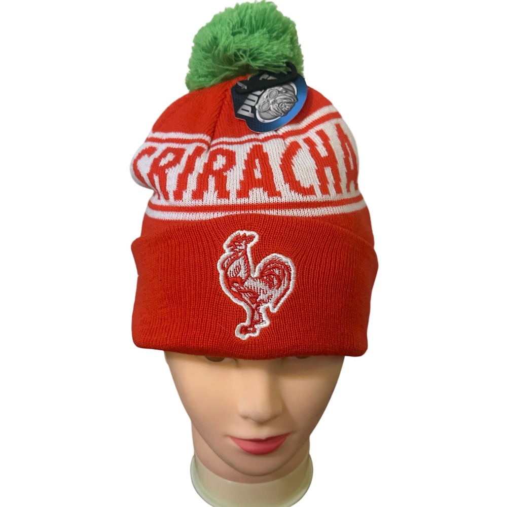 NWT Sriracha Hot Chili Sauce Red Knit Beanie Hat with Green Pom Pom Rooster Logo